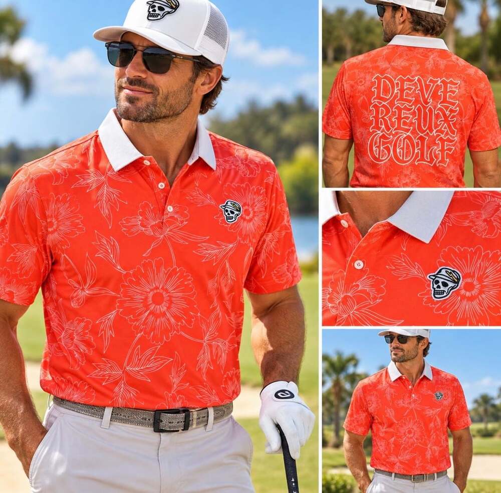 Devereux Golf Polo Shirt Size L Orange Floral Skull Back Graphic